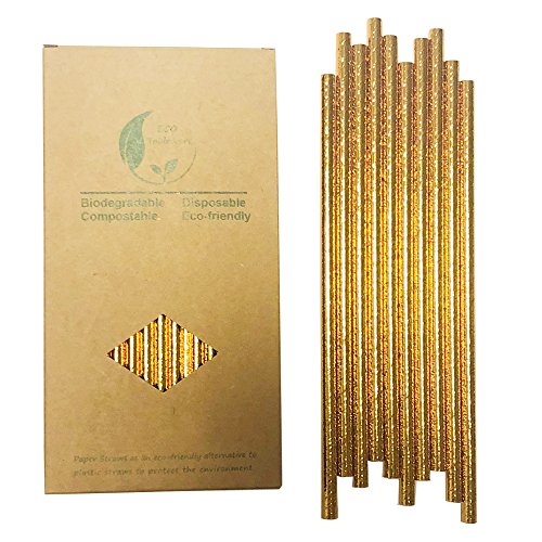 Metallic Golden Papier Strohhalme, 100 Stück Gold Papier Strohhalme Einweg Trinkhalme Bulk für Trinken, Cocktail, Cake Pops, Party, Hochzeit, Bars...