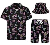 DOOPCCOR Men's 3 Piece Tracksuit neon nightclub kiss Cuban Collared funny Hawaiian Shirt rave outfits beach Shorts Button Down Sets With Bucket Hats 03-M