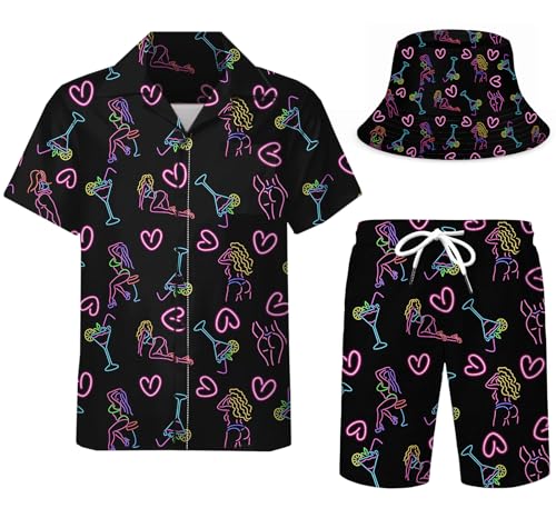 DOOPCCOR Mens 3 Piece Tracksuit neon nightclub kiss Cuban Collared funny Hawaiian Shirt rave outfits beach Shorts Button Down Sets With Bucket Hats 03-M