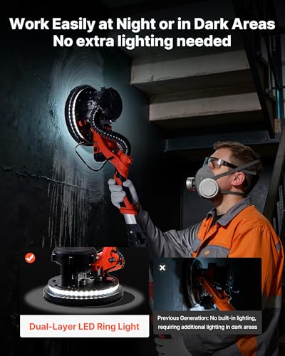 Image of VEVOR Drywall Sander, 1150W Electric Drywall Sander, Popcorn Ceiling Removal Tool with Vacuum Dust Collection, 5 Variable Speed 800-1700 RPM, LED Light, Foldable & Extendable Handle, 15 Sanding Discs