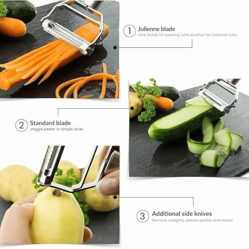 Image of TEKCOOL 2-in-1 Multi-Functional Julienne Peeler for Salad | Stainless Steel Peeler for Vegetables & Fruits | Potato, Carrot & Cucumber Cutter | Salad Slicer with Serrated Blades (17x8x1.3cm)