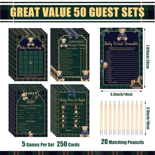 Image of Patelai 321 Pcs Luxury Equestrian Bear Baby Shower Decorations 5 Set Blue Green Tartan Plaid Party Supplies Bingo Game Don't Say Sign Clothespin for Berry Sweet Gender Reveal Vintage Party Supplies