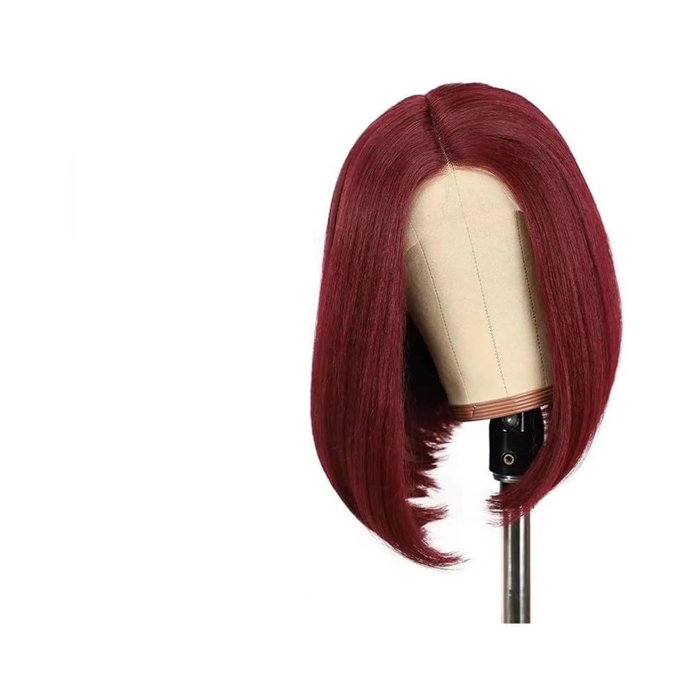 Gotowe do noszenia peruk 99J Proste krótkie peruki typu Bob Włosy ludzkie wstępnie wyrwane T część koronkowa peruka czołowa dla początkujących(14inches)