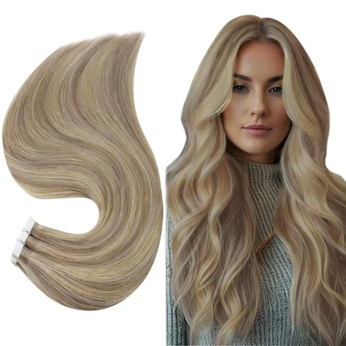 Image of Full Shine Straight Human Hair Extensions Tape in 18Inch Seamless Hair Extensions Real Human Hair Highlighted Hair Extensions Ash Blonde with Platinum 20Pcs 50Grams Add Volume Remy Hair Extensions