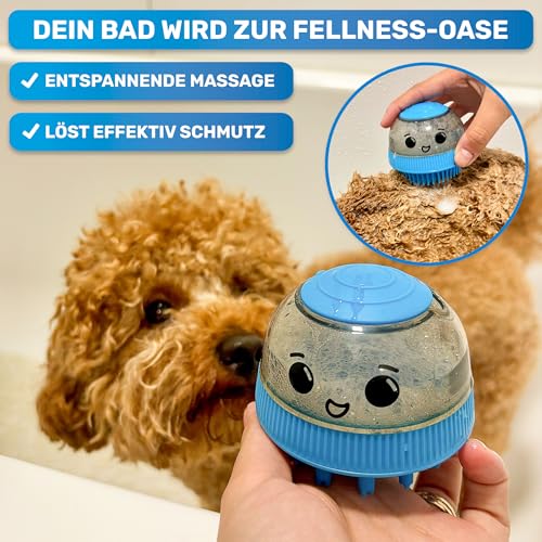 BluePet Befüllbare Badebürste für Hundeshampoo I Einmassieren von Shampoo & anregende Massage I Entferne Schmutz & loses Fell I Inkl. 2x Aufsätze (Weich + Fest) für alle Rassen & Fellarten