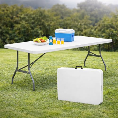 Mesa Dobrável Portátil 180x70x74cm, Capacidade 150kg, Branca com Estrutura Preta, Compacta Tipo Maleta com Alça para Camping e Uso Interno/Externo