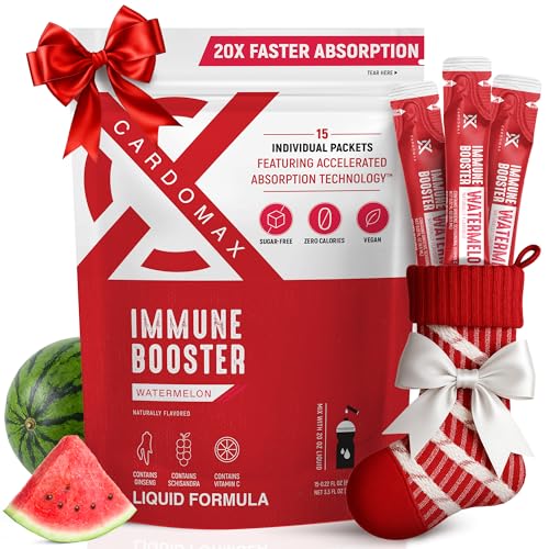 CardoMax IMMUNE BOOSTER Sandía, refuerza tus defensas + Inmunidad, sin azúcar, sin gluten, vegano y cero calorías. Contiene adaptógenos como Schisandra, Ginseng siberiano, Rhodiola Rosea y Vitamina C.