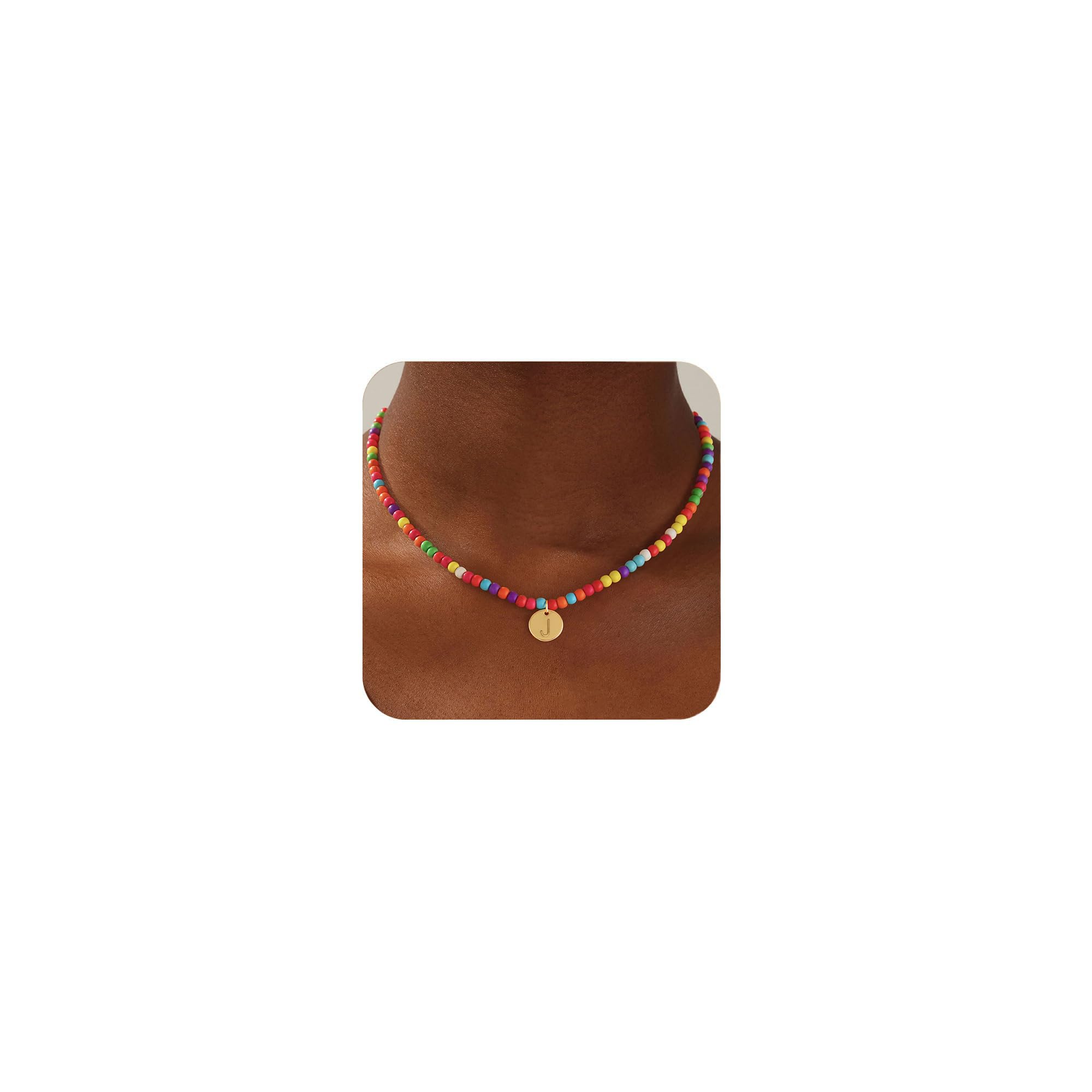 Honsny Colorful Beaded Initial Necklaces for Women Gifts Cute Beaded Necklaces for Women Choker Charm Boho Initial Necklace for Teen Jewelry Gifts