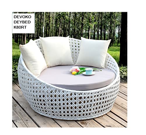 Image of DEVOKO Outdoor Pool Side, Garden, Balcony, Porch, Backyard, Terrace, Patio, Beach Round Sofa Wicker And Rattan Unique Design Daybed Furniture Set (White And Off White), 139 Centimeters, 122 CM, 76 CM