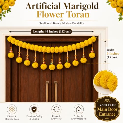 Image of SMIZZY Artificial Marigold Flower Toran for Main Door Entrance, Traditional Bandarwal Door Hanging with Decorative Beads & Tassels for Diwali Pooja Wedding Housewarming & Festival Decoration 44 Inches