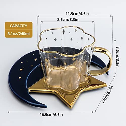 8.1 Oz/240 Ml Glass Coffee Cup And Ceramic Star Moon Saucer With Spoon Set Golden Handle Glass Cup Afternoon Tea Cola Juice And Water Drinks Cup (Blue) #TOP6