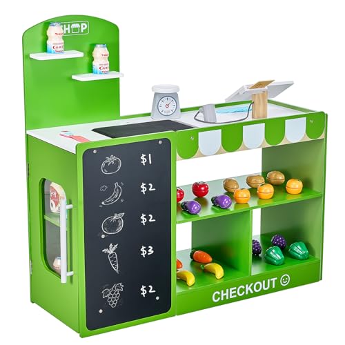 VEVOR Supermarché Enfant, 81,5 x 30,7 x 85 cm, Marchande Enfants, Jeu d'Épicerie, Magasin MDF avec Sac de Courses, Tapis Roulant, Scanner, Caisse...
