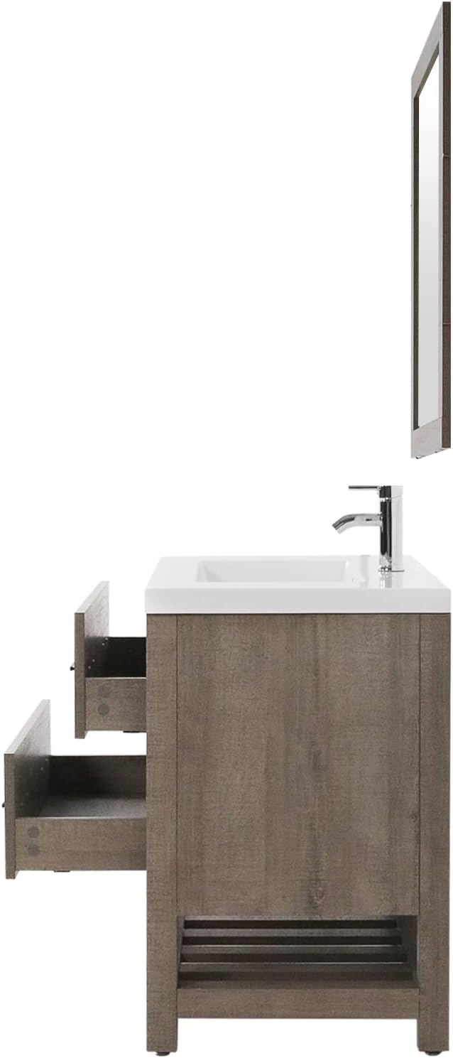 walsport 30’’ Bathroom Vanity with Sink Brown Freestanding Cabinet Set Design Resin Basin Undermount Sink with Mirror Chrome Faucet P-Trap Drain Modern Bathroom Sink Cabinet