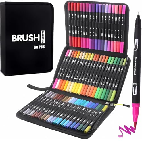 Kit Canetinhas Coloridas 60 Cores com Pontas Duplas, Conjunto Caneta Brush para Livros de Colorir para Crianças e Adultos, Canetinha Brush para Desenho, Ponta Fina e Pincel (60 cores)