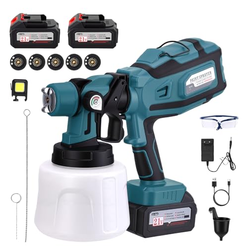 Jradse Pistola de Pintura Bateria, 21V Pistola Pintura, Pulverizador de Pintura con 2×4000mAh Baterías, 5 Boquillas de Pulverización, Depósito 1400ml para Paredes, Vallas, Cobertizos, Techos, Azul