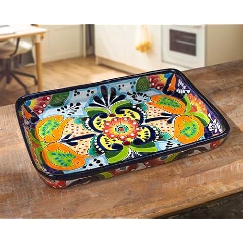 Enchanted Talavera Pottery Mexican Hand Painted Ceramic Rectangle Serving Platter Dish Appetizer Plate Tray Food Mexican Floral Pattern Thanksgiving Holiday Party Fiesta (Large 13.2 x 9 x 2, Multi) Cover