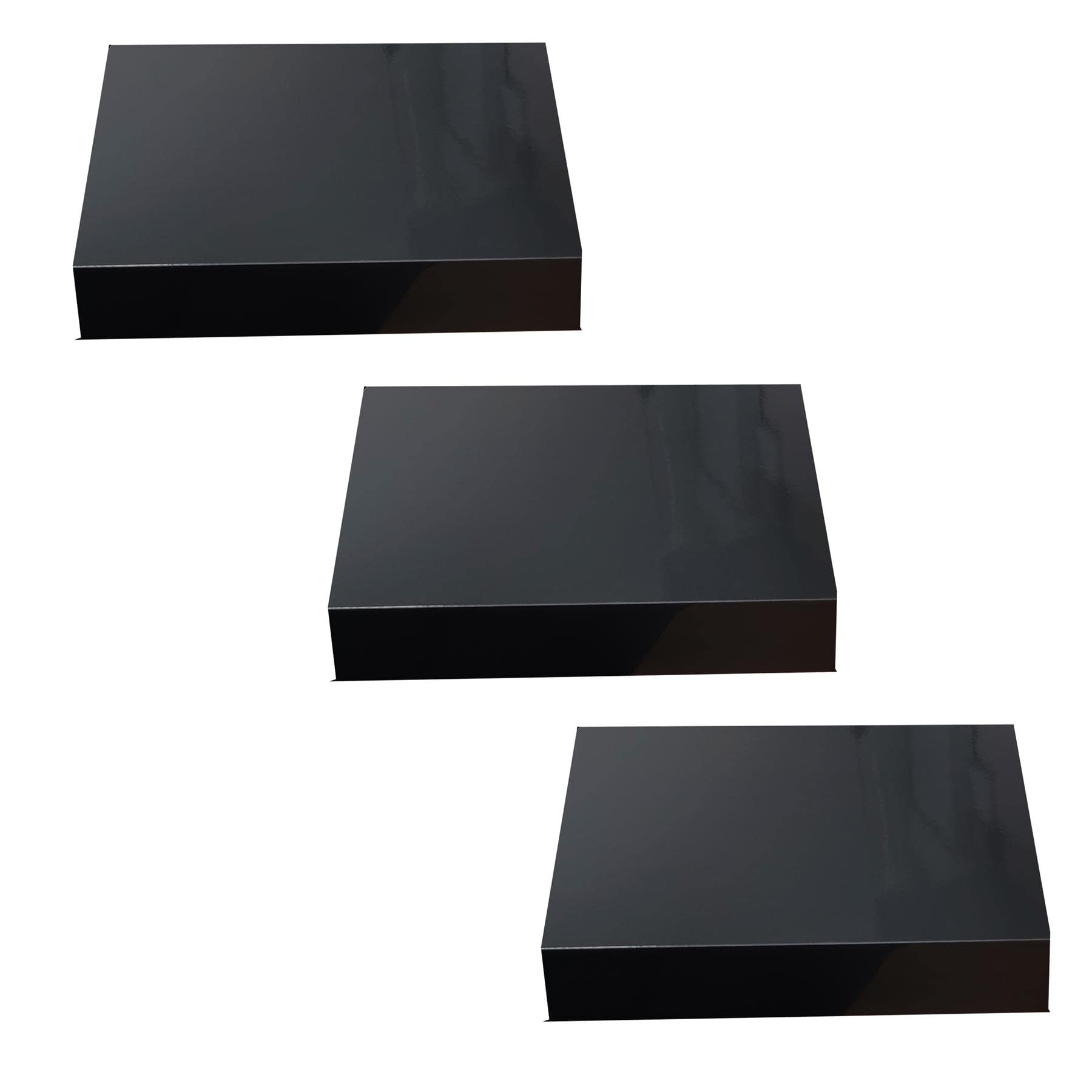 Set of 3 Floating Shelves 30 x 23cm High Gloss Wall Mounted Boards No Visible Bracket Fixings Included [Black]