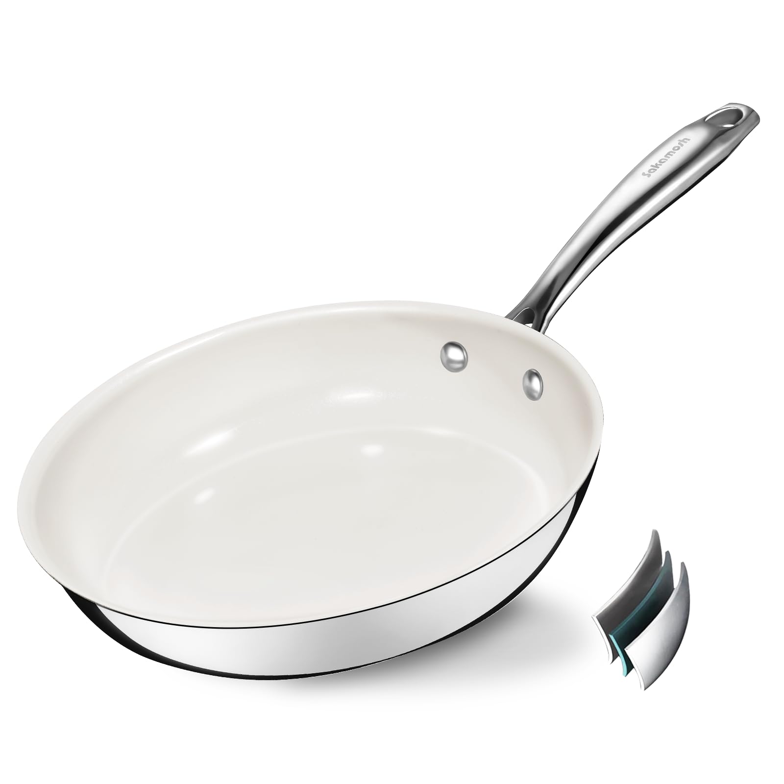 9.5 Inch Nonstick Ceramic Frying Pan, Tri-Ply Stainless Steel Skillet with Stay-Cool Handle, PFAS/PFOA/PTFE Free, No Seasoning Required, High Heat & Induction Safe, Dishwasher/Oven Safe