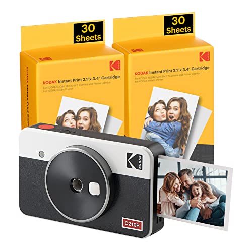 KODAK Mini Shot 2 Retro 4PASS 2-in-1 Instant Camera and Photo Printer (2.1×3.4 inches) + 68 Sheets Bundle, White