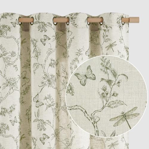 Image of Lazzzy Linen Farmhouse Curtains Green Floral Curtains 63 Inch Length Drapes for Living Room Bedroom Pattern Light Filtering Country Vintage Curtain Grommet Top, 2 Panels, Green on Beige