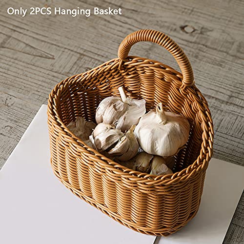 2 Pcs Hanging Storage Baskets, Plastic Pantry Wicker Baskets, Wall Mount Basket With Hook, Decorative Baskets For Organizing, Small Woven Baskets For Kitchen Bathroom(Brown) #TOP4