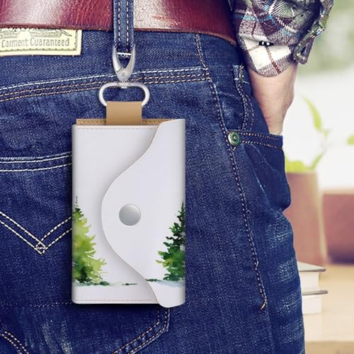 Green Pine Trees with Snow Watercolor Key Holder Bag PU Leather ID Card Holder Keychains Case Cover for Men Women4