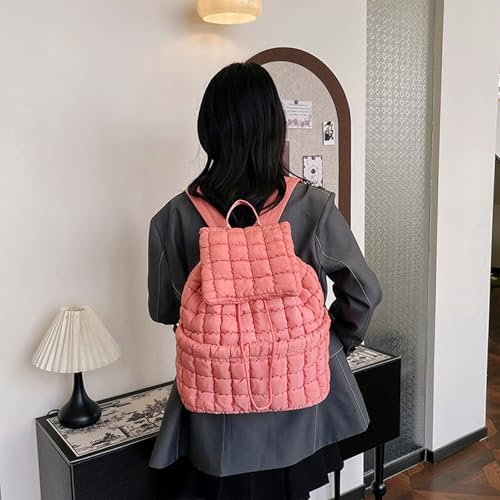 Quilted Backpack For Women Lightweight Trendy Puffer Cotton Top Flap Drawstring Backpack Travel Cloud Gym Bag (White)3
