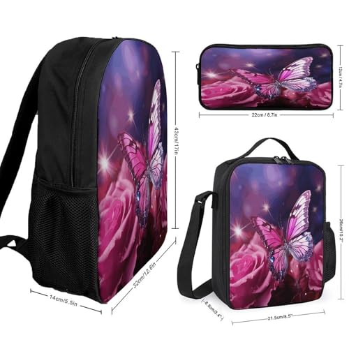 Printed Backpack With Lunch Pack Storage Box Case Pink Butterfly 3pcs Lightweight Travel Backpack2