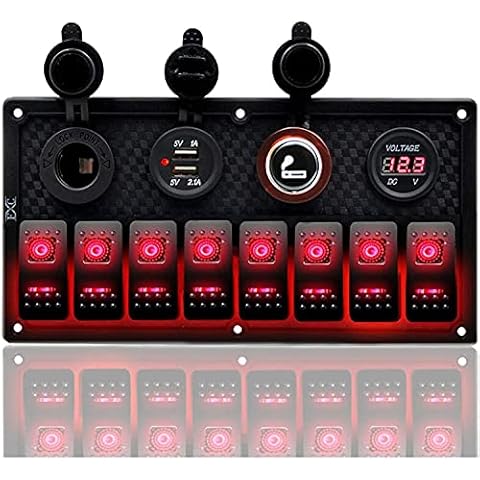 CT-CARID 8 Gang LED Toggle Rocker Switch Panel,12V/24V Digital Voltage Display Dual USB Charger Port Waterproof for RV,Boats,Cars(Red) Cover