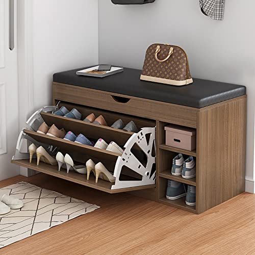 VDLLQYN, Con Asiento Acolchado y cajones abatibles, Organizador de Almacenamiento for Entrada, Sala de Estar, Pasillo, baño, pequeño ，Banco Zapatero(Brown,80x34x50cm)