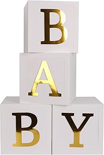 V-LIFE Baby Shower Boxes Party Decorations - 4pcs Stereoscopic White Baby Balloon Boxes with Gold Letters, Baby Party Boxes Baby Blocks for Baby Shower, Gender Reveal Decorations.