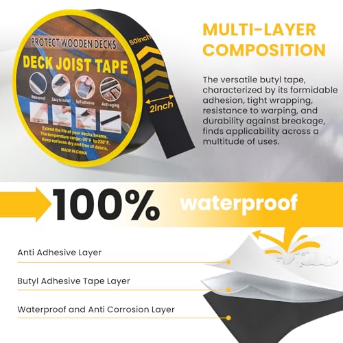 Image of Butyl Sealant Tape 2 inch x 50', Joist Tape for Decking - 6 Pack Deck Joist Tape, Waterproof Seal Roof Tape for Repairing Wood Joists & Beams Protection