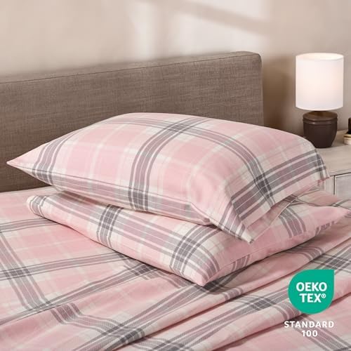 Bare Home Flannel Sheet Set Prints, 100% Cotton, Velvety Soft Heavyweight - Double Brushed Flannel - Deep Pocket (Queen, Aurora Plaid - Pink) - Thumbnail 2