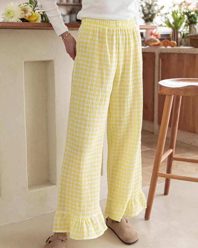 Image of codcm Womens Gingham Pants Wide Leg Lounge Pants Y2k Plaid Print Ruffle Hem Loose Trouser
