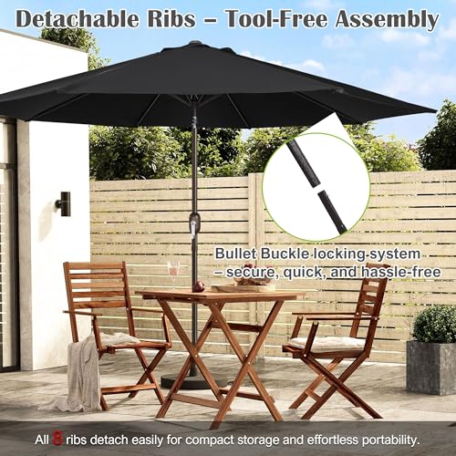 Image of Blissun 10FT Patio Umbrella, Outdoor Table Umbrella, Yard Umbrella, Market Umbrella with 8 Sturdy Ribs, Push Button Tilt and Crank, Black