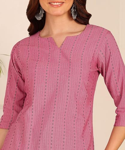 Image of DSK Studio Women's Cotton Short Kurti with Notch Neck Line 3 /4th Sleeves Abstract Pattern Short Length and Regular Fit