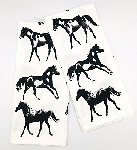 INDIA OVERSEAS Western Stampede Horses Kitchen Hand Towels: Black and White Silhouette Design, Set of 2