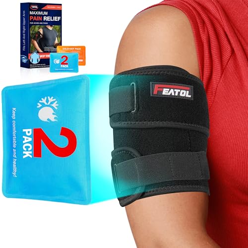 FEATOL Bicep Tendonitis Brace with 2 Gel Ice Packs, Upper Arm Brace Tricep Compression Sleeve Support Hot & Cold Therapy for Men and Women, Pain Relief for Muscle Strains,Inflammation (Black with 2 ice packs, X-Large)