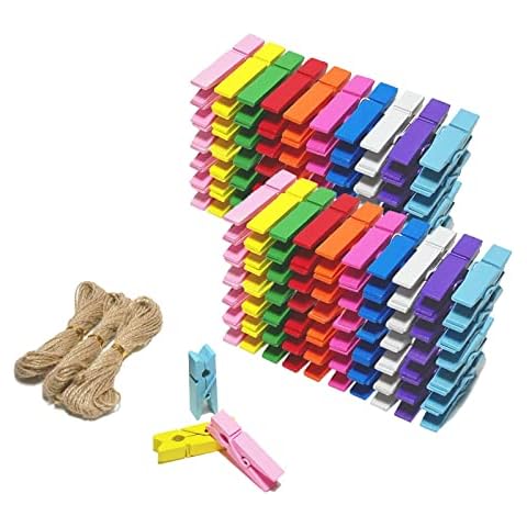 CUWELT 250pcs Colourful Mini Wooden Pegs, 3.5CM Mini Colored Wooden Clips, Wooden Clothespins with 30m Jute Twine String for Decorative Photo Paper Wall DIY, Tiny Pegs for Arts & Crafts Wedding Party Cover