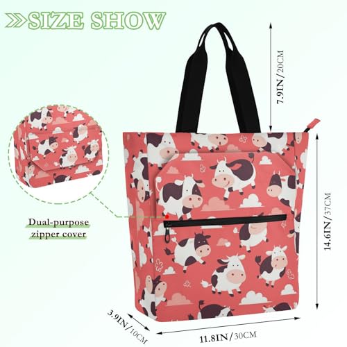 Decorative Kid Tote Bag for Boys Girls Women, Flying Cow Pink Heart Waterproof Library Book Bag Handbag with Zipper Pockets for School and Playtime Rainbow de tela para2