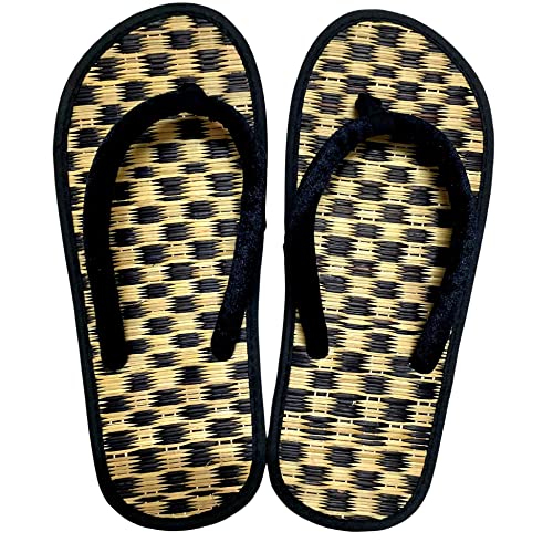 Women's Bamboo Flip Flop,Straw Beach Sandals Handmade,Straw Footwear (10.5, Checkered)