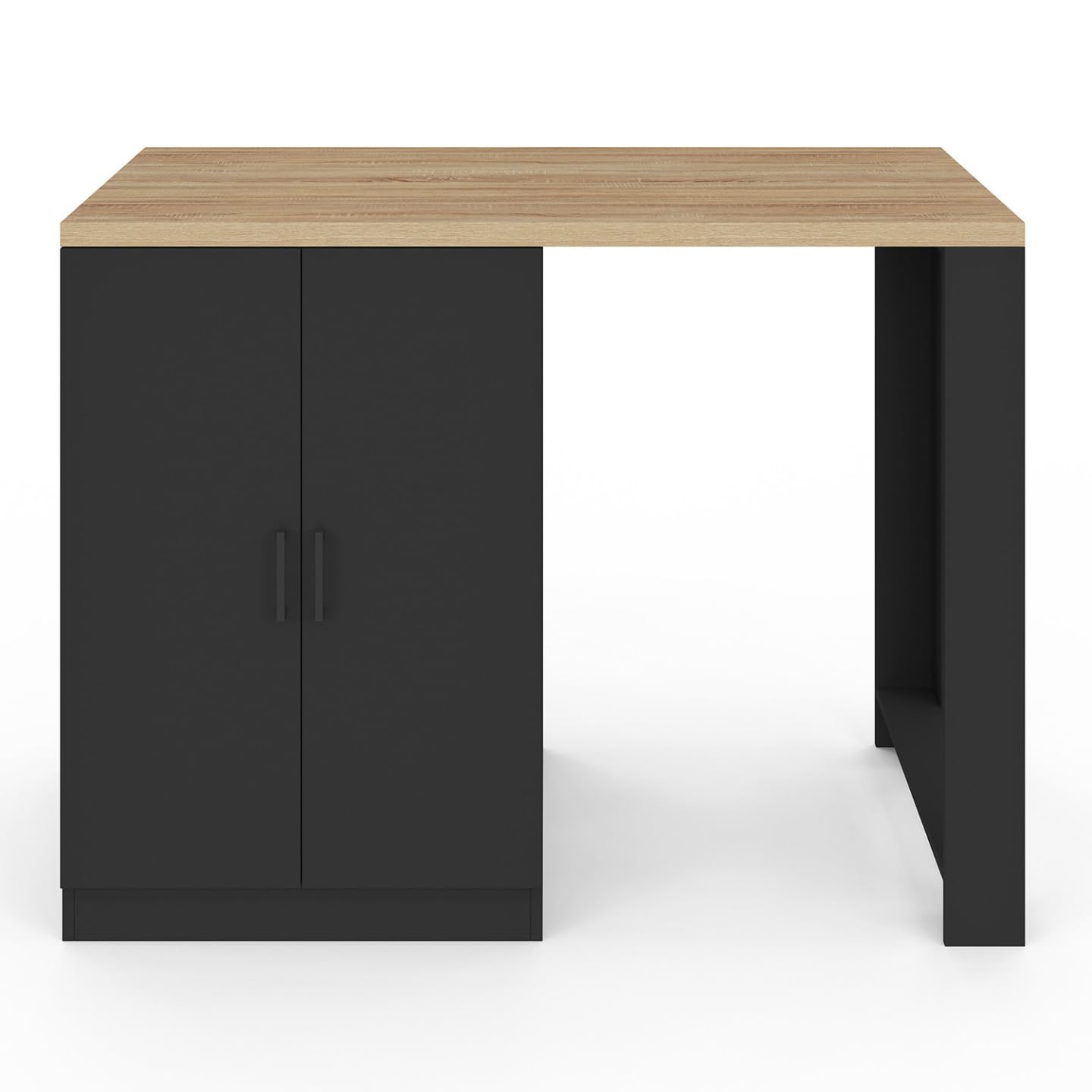 IDMarket - Ilot central LINO 120 cm 2 personnes bois noir avec plan de travail façon hêtre et portes vitrées