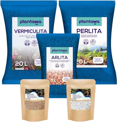PLANTAWA Pack Perlita 20L + Vermiculita 20L + Arlita 5L + Fertilizante + Calcio + Abono, Sustrato para Plantas para Huerto Urbano, Tierra para Jardín Exterior, Sustratos y Abonos