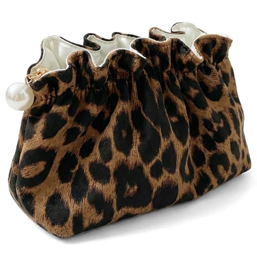 Xllhjg Leopard Makeup Bag for Women Girls Cute Cheetah Travel Toiletry Cosmetic Bags Aesthetic Make Up Bag Portable Zipper Skincare Storage Organizer Pouch with Pearl Decoration