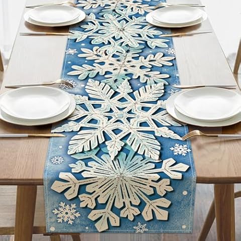 Croar Winter Snowflake Blue Table Runner, Christmas Snow Kitchen Dining Table Decoration, Seasonal Burlap Indoor Outdoor Home Decor Party Supply 13 x 36 Inches Cover