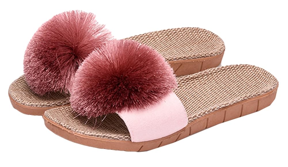 Caistre Women's House Slippers Open Toe Linen Flat Slide Sandals Fluffy Pompom Cozy Flat Slippers Sandals Non-Slip Home Shoes 2025