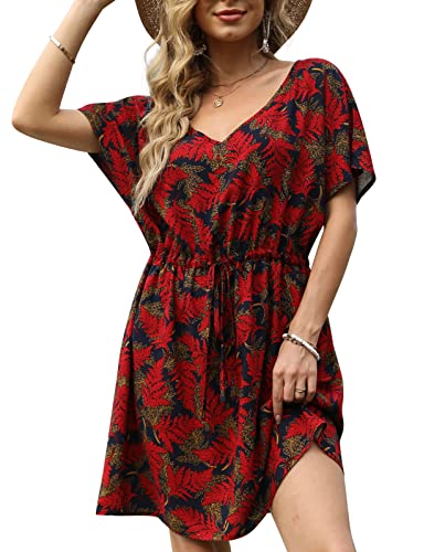 PrinStory Damen-Badeanzug, V-Ausschnitt, Strandbekleidung, Coverups, Red Wooden Leaf, Medium Cover