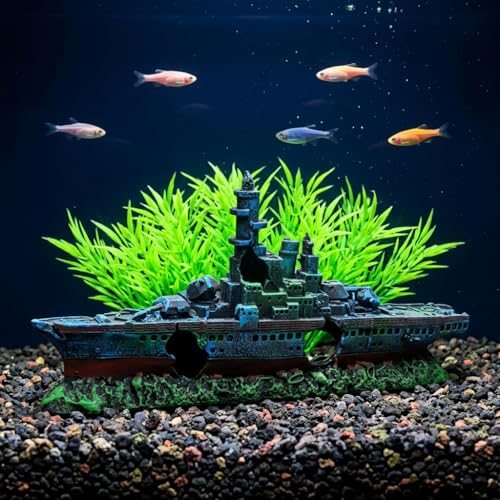 Image of Qpets Shipwreck Aquarium Decoration, Vintage Resin Fish Tank Ornament with Hiding Cave, Aquarium Decorative Item for Freshwater & Saltwater Aquariums