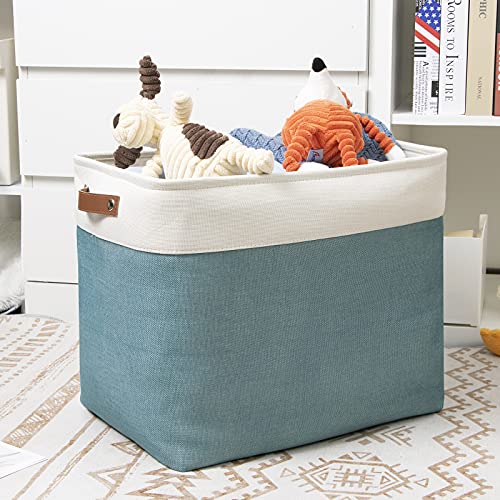 Image of DULLEMELO Large Collapsible Storage Basket /Bin with Sturdy Leather Handles, Fabric Organizer Bin for Storage Clothes, Toys, Books, Office, Bedroom, Closet, Nursery & Laundry (White&Teal)