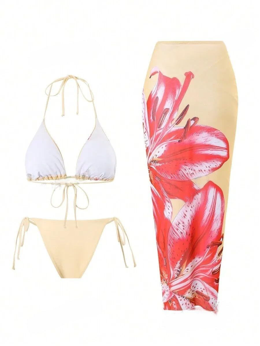 ZAFUL Conjunto de bikini para mujer, 3 piezas, diseño de flores tropicales, parte superior de bikini triangular, parte superior de bikini, parte inferior de bikini con vestido largo de playa